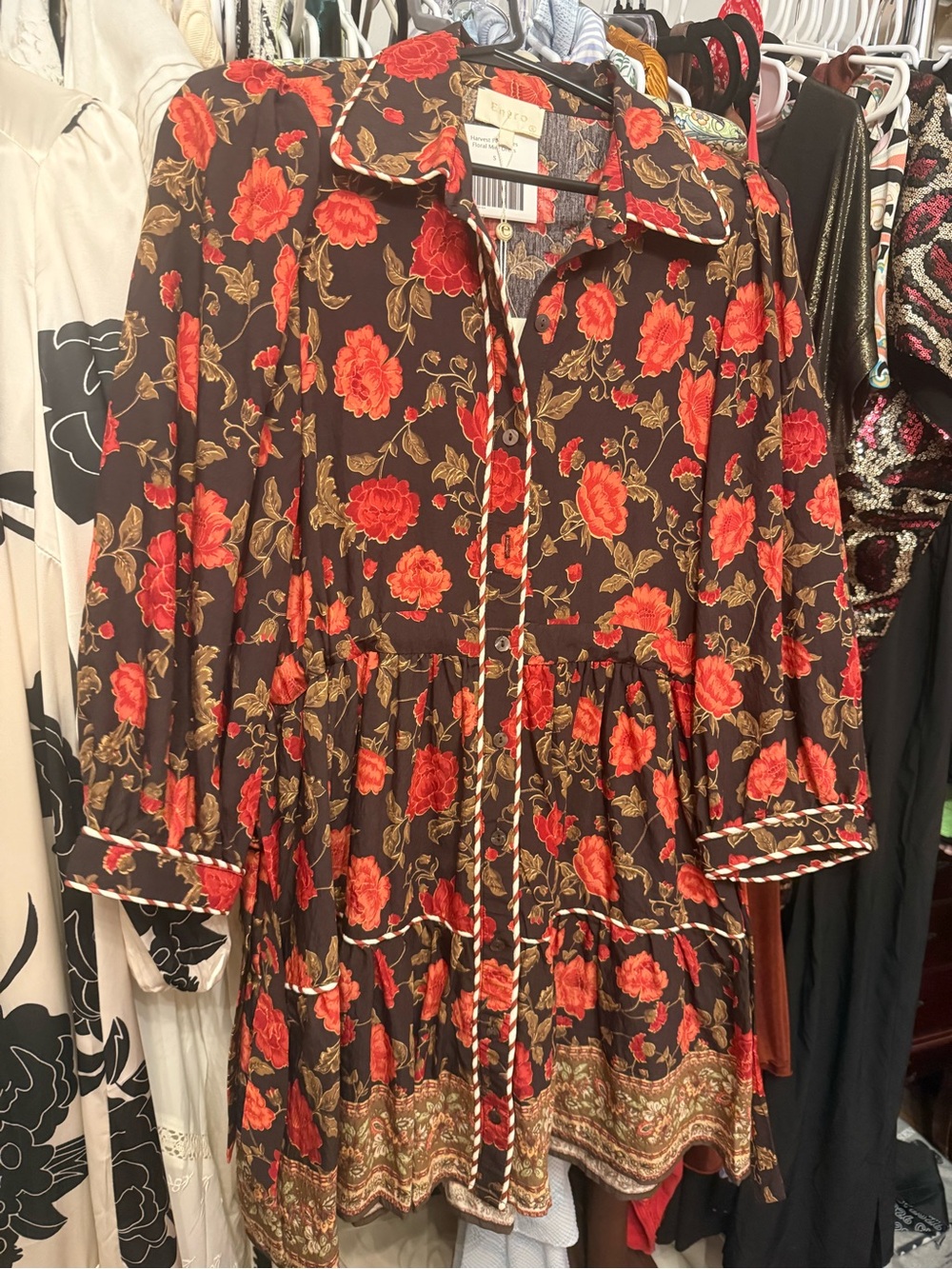 Etro Brown Dress with Red Floral Print